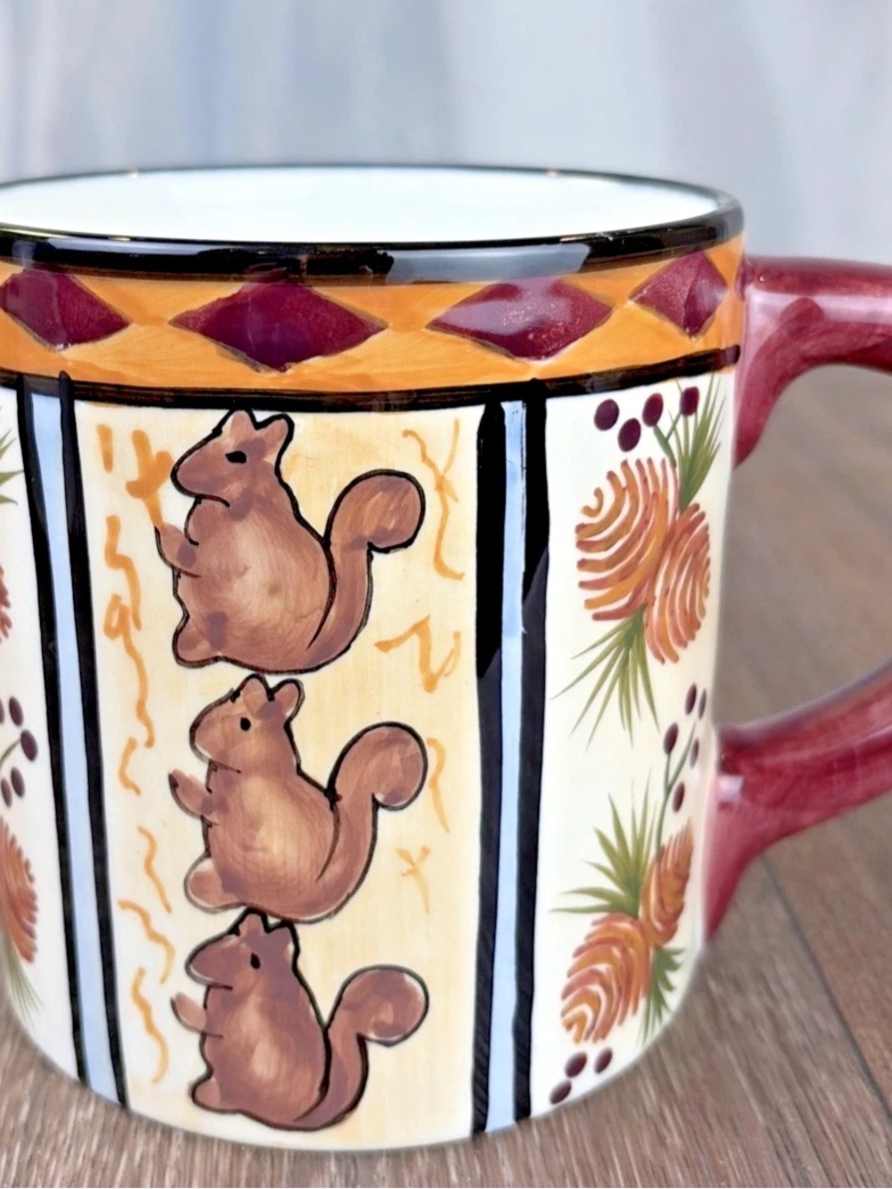 Hand Painted Caribou Coffee Large Mug Squirrel Pine Cones Rustic Cup